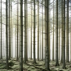 Serene view of a dense forest bathed in soft light with the focus on nature and calming atmosphere