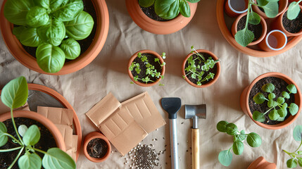 Minimalist Gardening Flatlay with Terracotta Pots, Seedlings, and Tools