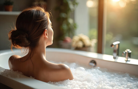 Young woman takes bubble bath. Brunette girl with hair bun enjoying relaxing spa. Back view in luxury white bathtub, romantic soft atmosphere, foam, sunlight.