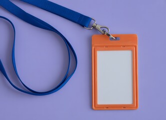 Blank orange badge holder with blue lanyard on a purple background