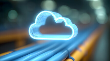 A glowing neon cloud symbol hovers over bundled fiber optic cables in a blurred technology setting.