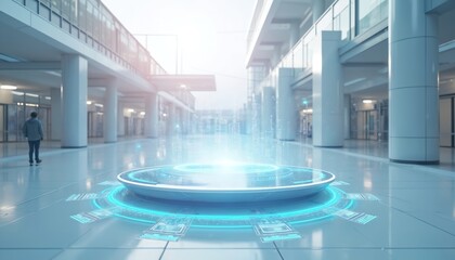 Futuristic holographic display in urban setting. Modern digital showcase technology concept. Projection of data over circular platform. Interactive design, data presentation, architecture, automation.