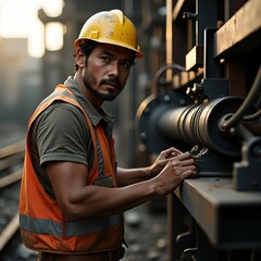 a highly detailed, cinematic photograph of a realistic Indonesian American male engineer in his mid-30s, standing in a rugged outdoor construction site, wearing a worn yellow hard hat.