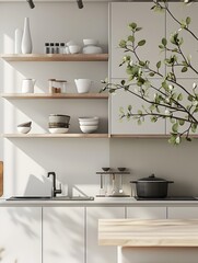 Sleek and Minimalist Kitchen Mockup with Open Shelving and Cabinetry