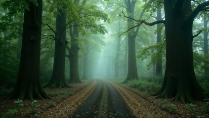 Fototapeta premium Tranquil Forest Path Shrouded in Mist with Tall Trees