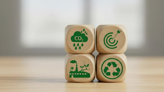 Sustainable Development Goals: Wooden Blocks with CO2 Reduction, Target, Green Factory, and Recycling Icons