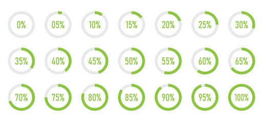 Percentage icon set. Progress or loading percentage circles containing 0% to 100% with 5% increase, for app, UI, website and animation design element. Transparent PNG and vector illustration.