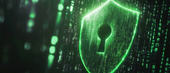 Glowing green shield with keyhole and binary code