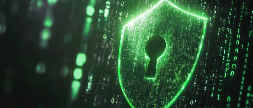 Glowing green shield with keyhole and binary code