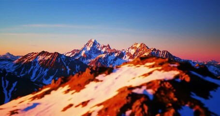 Stunning alpine landscape at dawn, featuring jagged, snow-covered mountains bathed in the beautiful colors of alpenglow. - Powered by Adobe