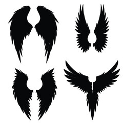 Four pairs of black wings isolated on white background