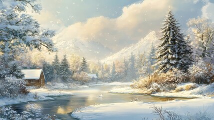 Snowy countryside and forest in winter with a peaceful atmosphere