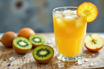 Fototapeta premium share why fresh kiwi and apple juice blended with ice cubes is an energizing and hydrating summer beverage.