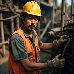 a highly detailed, cinematic photograph of a realistic Indonesian American male engineer in his mid-30s, standing in a rugged outdoor construction site, wearing a worn yellow hard hat.