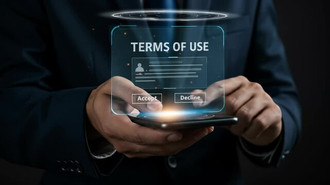 Terms of Use Agreement: Man Accepting Online Terms on Phone, Digital Contract, Privacy Policy, Compliance