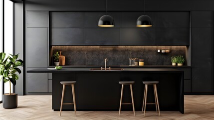 Sleek and Stylish Modern Black Wooden Kitchen with Island and Minimalist Interior