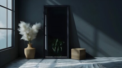 Sleek and Stylish Minimalist Black Wooden Bedroom with Large Mirror   Elegant Home Mockup 3D Render