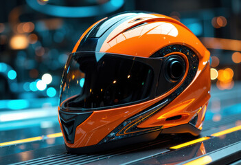 Fototapeta premium Futuristic orange motorcycle helmet with sleek design and tinted visor on a city street at night