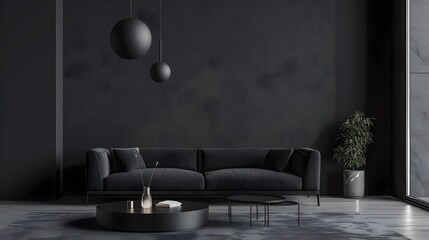 Sleek Minimalist Black Wooden Living Room with Elegant Furniture and Home Design Mockup