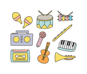 Collection of Hand Drawn Colorful Cartoon Musical Instruments with Outline
