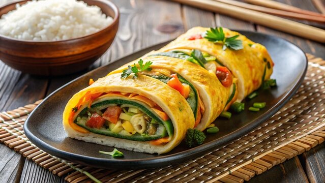 Korean gyeran mari &mdash; rolled omelet with vegetables and scallions, sliced