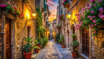 Fototapeta premium Narrow Alley in Cagliari Sardinia Italy at sunset with stone walls and flowers, italy, floating flowers