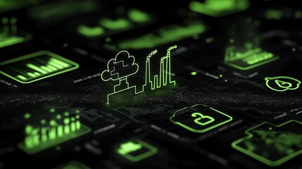 carbon emissions data statistic visualization through virtual display of icons or charts in green color