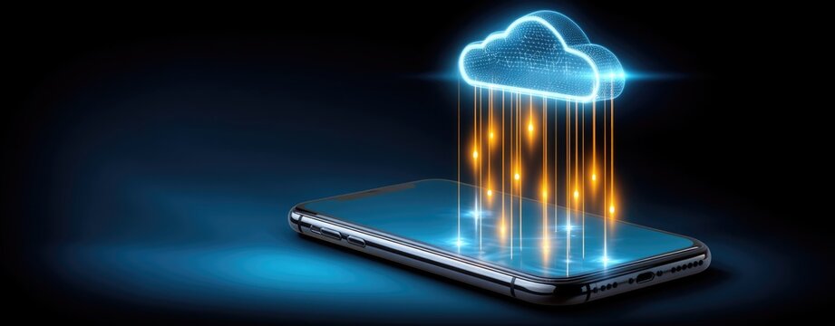 Glowing cloud symbol sends data streams to a modern smartphone, illustrating cloud computing and data transfer in a clean, dark digital environment. - Powered by Adobe