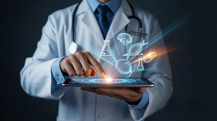 Doctor interacting with medical science holographic display