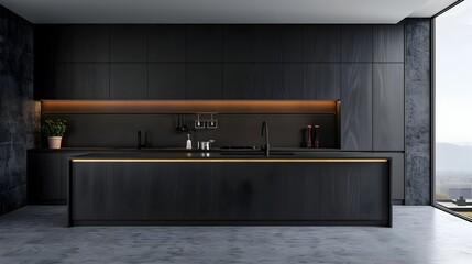 Stylish Black Wooden Modern Kitchen with Clean Minimalist Interior and Frame Mockup