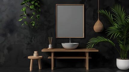 Stylish Black Wooden Bathroom with Minimalist Interior Design and Frame Mockup