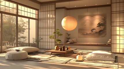 Tranquil Japanese inspired Living Room with Minimalist Decor and Natural Lighting