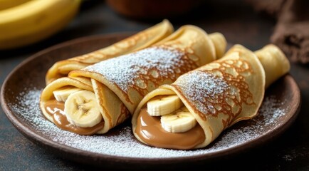 Delicious crepes filled with banana and caramel on a rustic plate