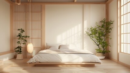 Tranquil Minimalist Japanese Inspired Bedroom Interior Design Mockup 3D Render
