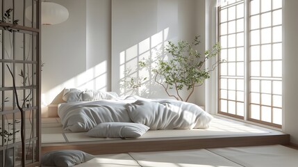 Tranquil Minimalist Japanese Inspired Bedroom with Natural Lighting and Plant Decor