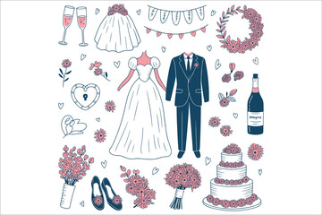 Wedding Clipart Bundle – Hand-Drawn Bridal Elements and Romantic Decorations