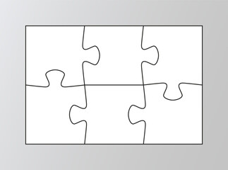 Puzzle template with 6 details. Layout of thinking mosaic game. Laser jigsaw pieces cut grid. White modern background. Infographic diagram. Vector illustration.