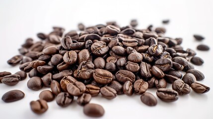Naklejka premium Arabica Elegance: Artistic White Background Coffee Bean Images – Glossy Roast Gradients, Textured Bean Creases, Aromatic Steam Hints, and Precision-Arranged Coffee Bean Patterns in High-Contrast Photo