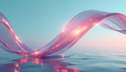 Abstract 3D render of transparent glass ribbon flowing over water. Iridescent gradient creates dynamic, fluid motion with sense of serenity. Ideal for banner background, wallpaper, design elements.