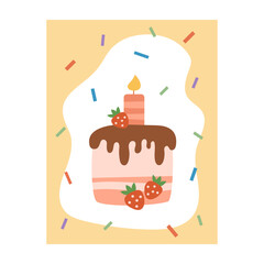 Cute happy birthday card with strawberry cake. Colorful and minimalist. Hand-drawn vector illustration in flat style.
