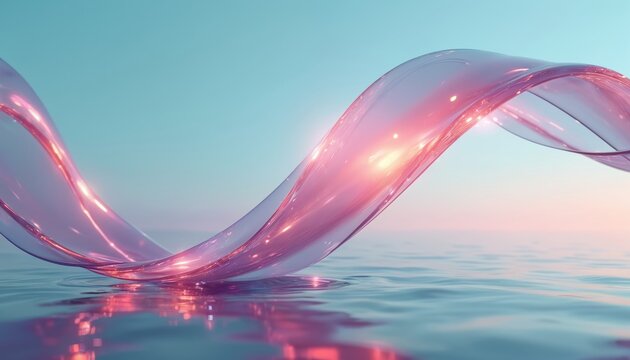 Abstract 3D render of transparent glass ribbon flowing over water. Iridescent gradient creates dynamic, fluid motion with sense of serenity. Ideal for banner background, wallpaper, design elements.