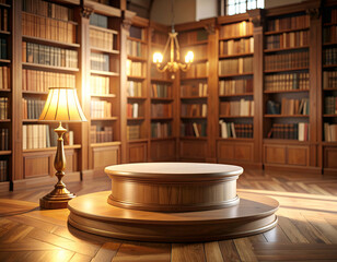 Vintage Library Podium Mockup Warm Lamplight & Wooden Bookshelves