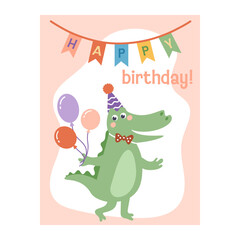 Cute happy birthday card safari animals with crocodile. Colorful and minimalist. Hand-drawn vector illustration in flat style.