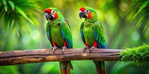 Two vibrant green parrots with brightly colored feathers perched side by side on a sturdy branch in a lush tropical forest, feathered friends, nature