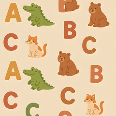 Fototapeta premium A charming alphabet chart featuring adorable illustrated animals: a crocodile, bear, and cat.