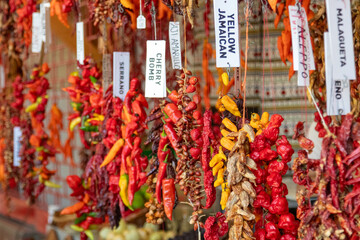fresh chillies hung up to dry at a market