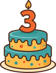 Birthday Cake with Number 3 Candle Vector Illustration