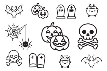 Hand drawn sketch halloween icons featuring pumpkin skull spider web and bat on white background