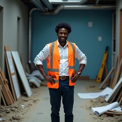 a highly detailed, cinematic photograph of a realistic Indonesian American male engineer in his mid-30s, standing in a rugged outdoor construction site, wearing a worn yellow hard hat.