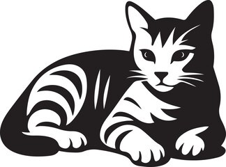 Relaxing cat vector black and white style, Calm kitty drawing elegant line art